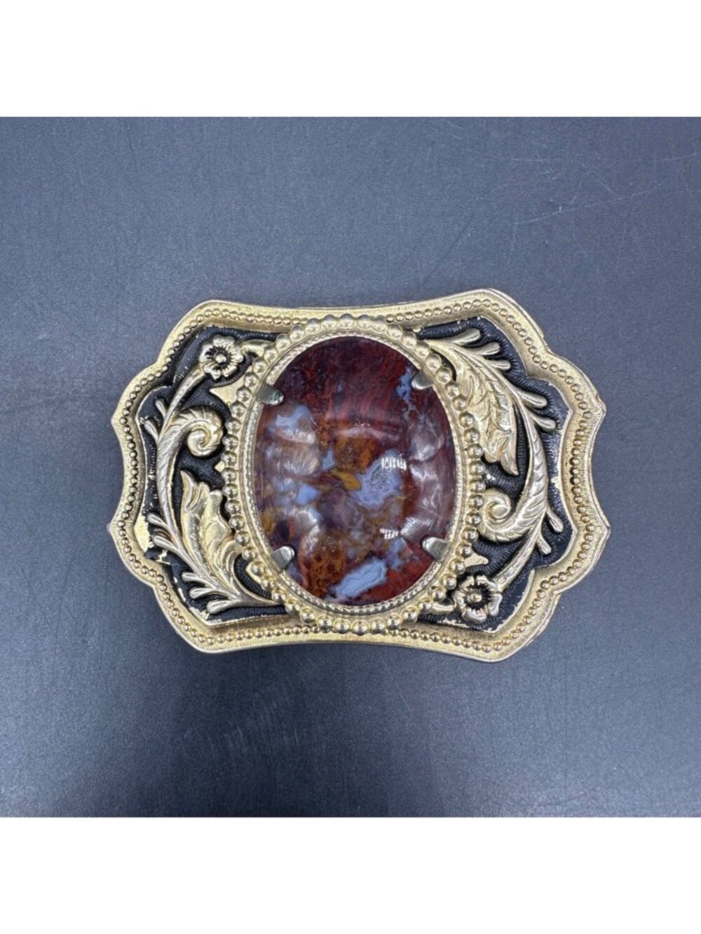 Vintage Western Belt Buckle Agate Stone Gold Tone Floral Rodeo Cowboy Accessory - Picture 2 of 10